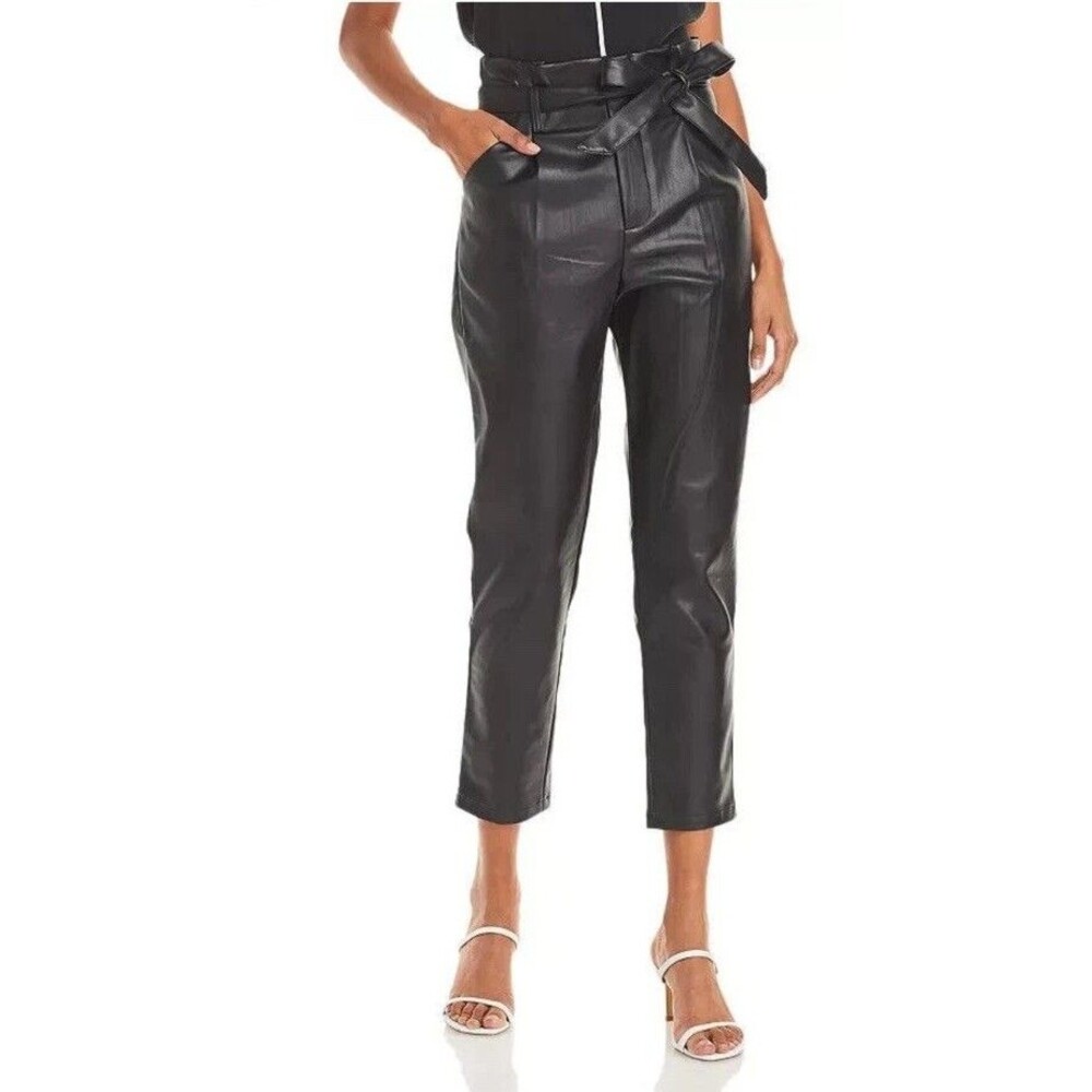 Lucy Paris Womens Faux Leather Paperbag-Waist Pants Black Belted Size Small